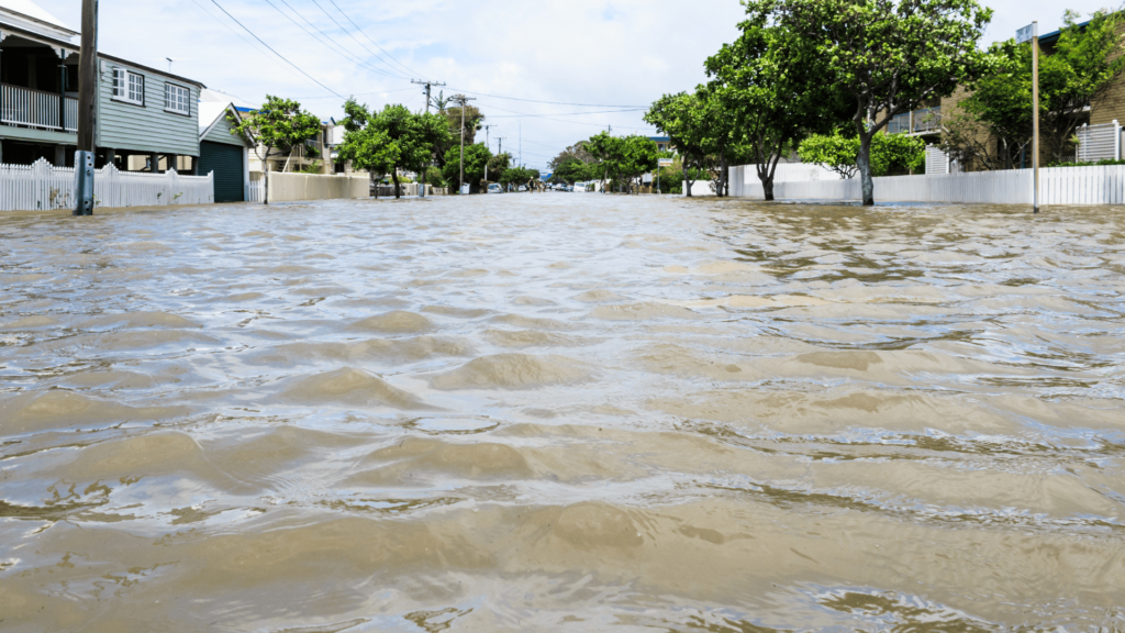 A street flooded up to the fences of the homes lining the road